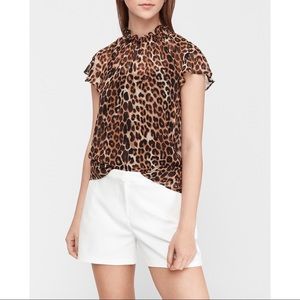 EXPRESS Leopard Print Ruffle Mock Neck Sheer Top